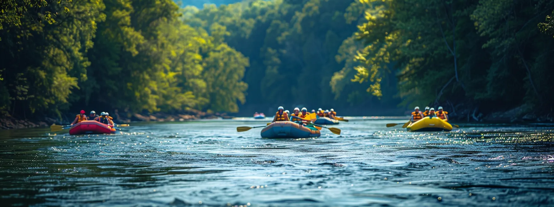 a vibrant, sunlit river in chattanooga, bustling with colorful rafts navigating through pristine waters surrounded by lush greenery, captures the essence of an exhilarating rafting adventure in peak season.
