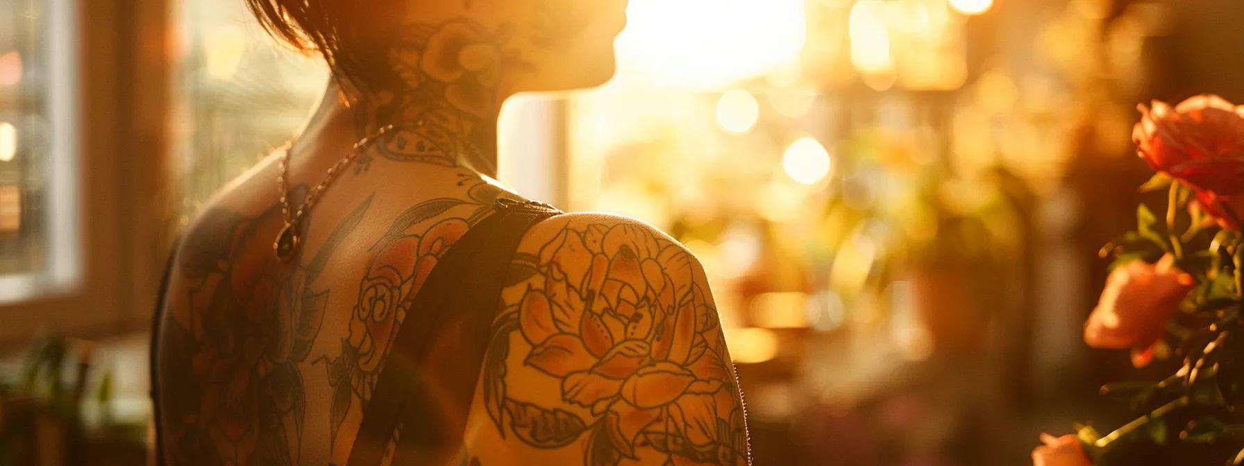 a vibrant, sunlit scene showcasing a beautifully maintained tattoo on healthy, hydrated skin, surrounded by soft, warm lighting that emphasizes the intricate details and rich colors of the ink.