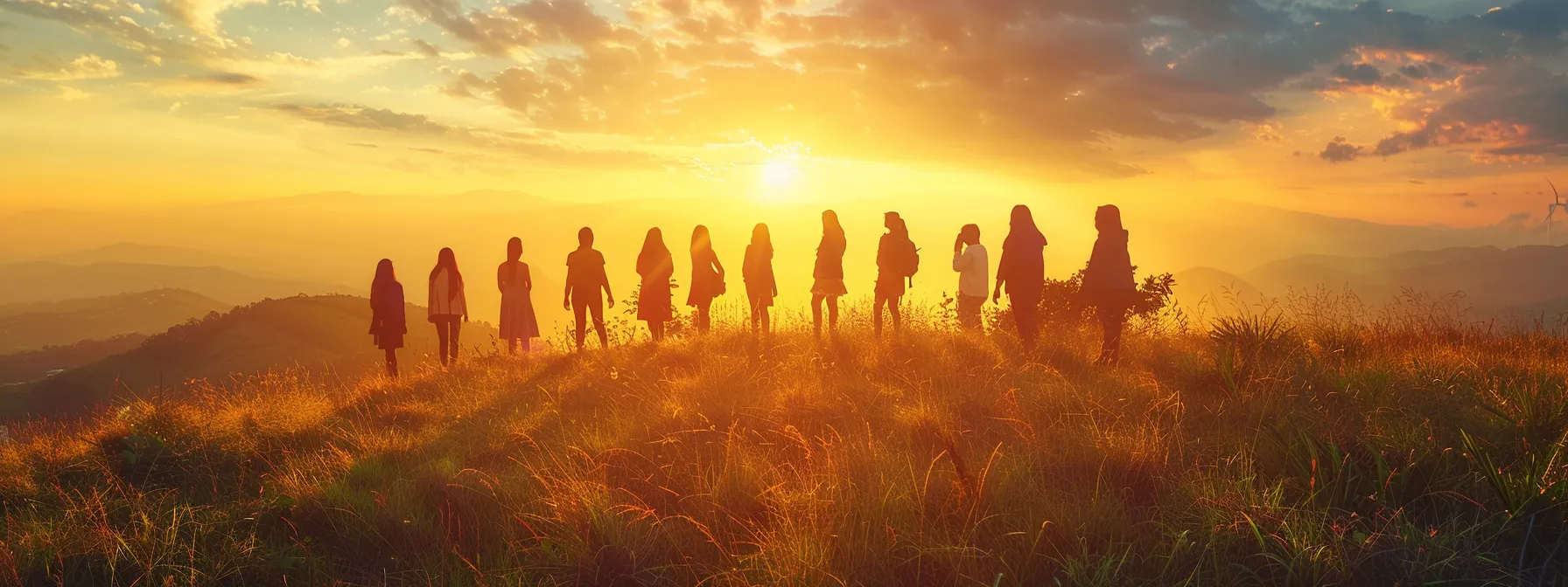 a vibrant sunrise bathes a group of confident women standing together on a lush green hilltop, their silhouettes framed against the glowing horizon, embodying strength and unity. a vibrant sunrise bathes a group of confident women standing together on a lush green hilltop, their silhouettes framed against the glowing horizon, embodying strength and unity.