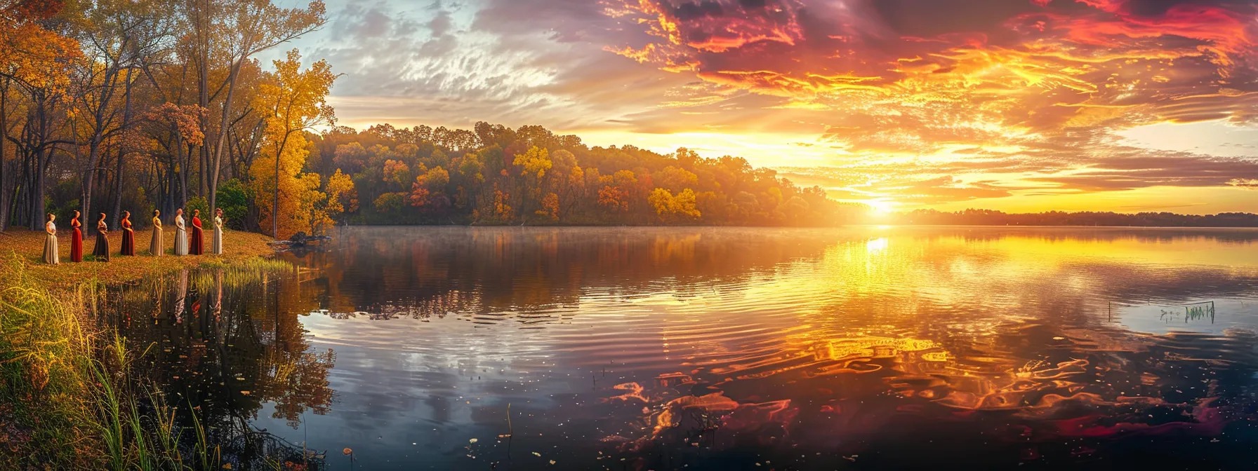 a vibrant sunrise illuminates a serene lake reflecting the colorful autumn foliage while a group of women in elegant dresses joyfully gather by the water's edge, embodying harmony and celebration. a vibrant sunrise illuminates a serene lake reflecting the colorful autumn foliage while a group of women in elegant dresses joyfully gather by the water's edge, embodying harmony and celebration.
