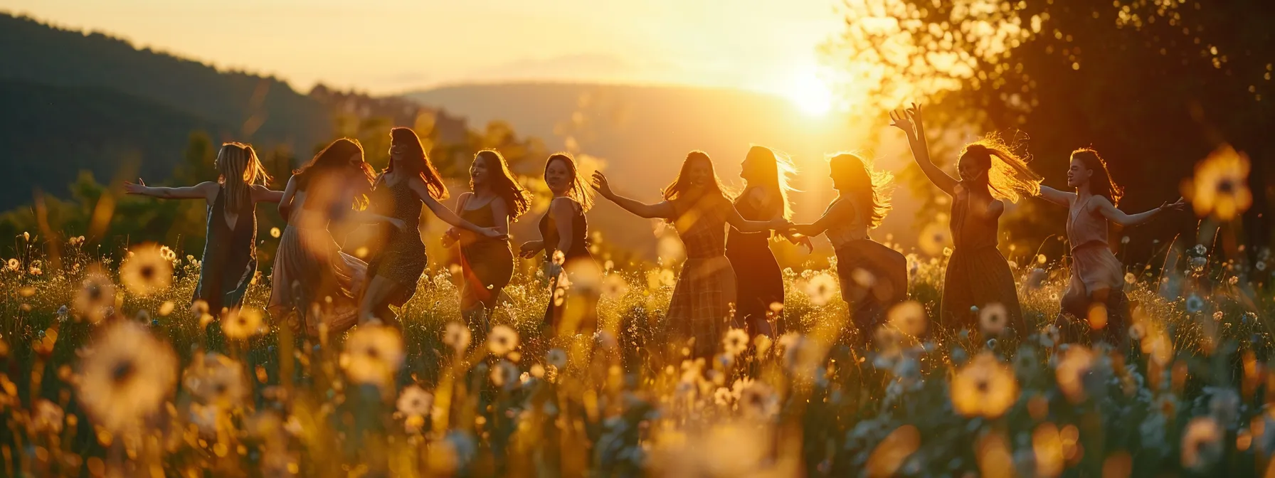 a vibrant sunset bathes a group of diverse women in golden light, as they joyfully dance in a lush, blooming meadow, embodying empowerment and unity. a vibrant sunset bathes a group of diverse women in golden light, as they joyfully dance in a lush, blooming meadow, embodying empowerment and unity.