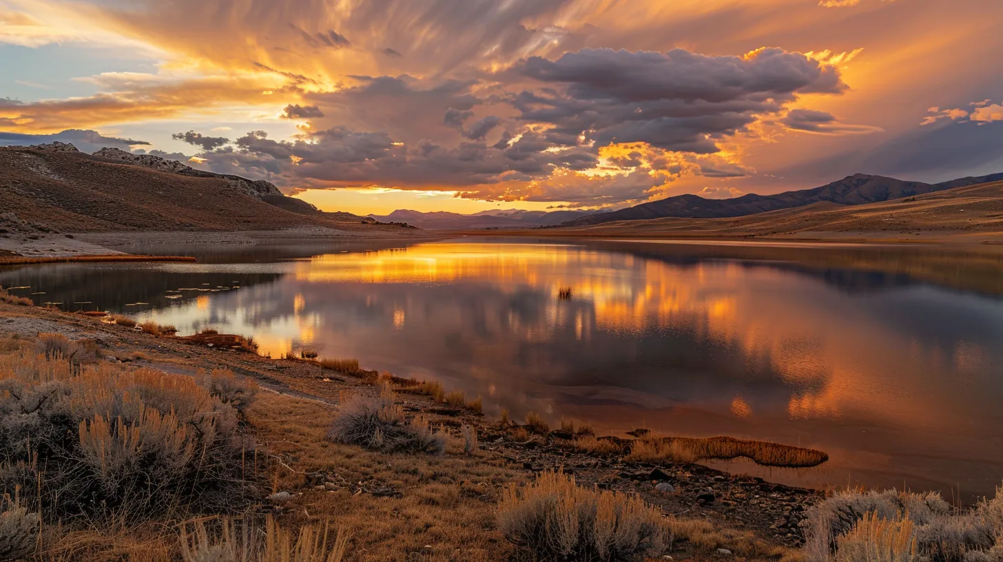 a vibrant sunset casts a warm golden hue over a tranquil lake, reflecting the dramatic silhouettes of distant mountains under a sky filled with swirling clouds.