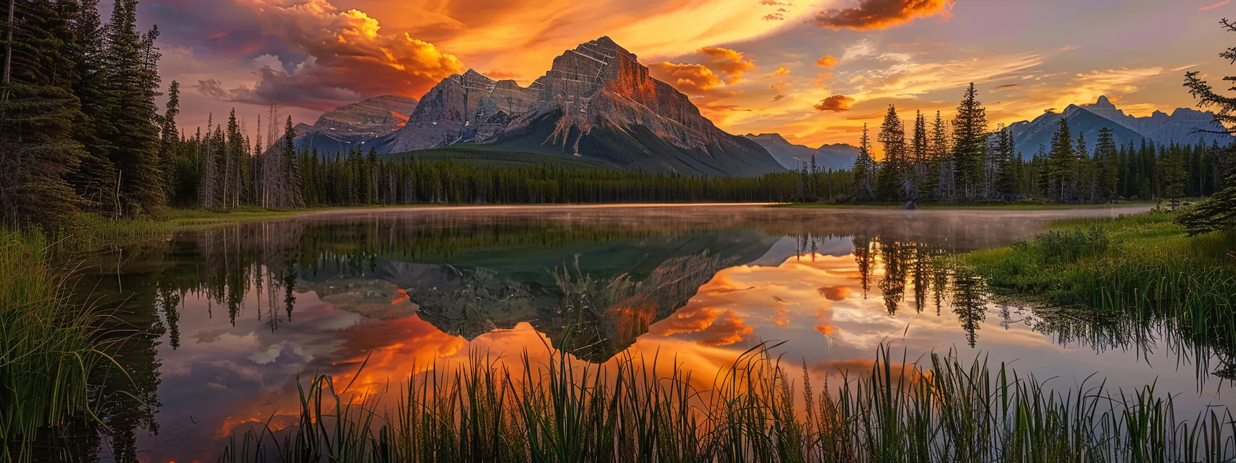 a vibrant sunset casts a warm golden hue over a tranquil, shimmering lake, reflecting the silhouettes of towering mountains against a dramatic sky filled with swirling clouds.