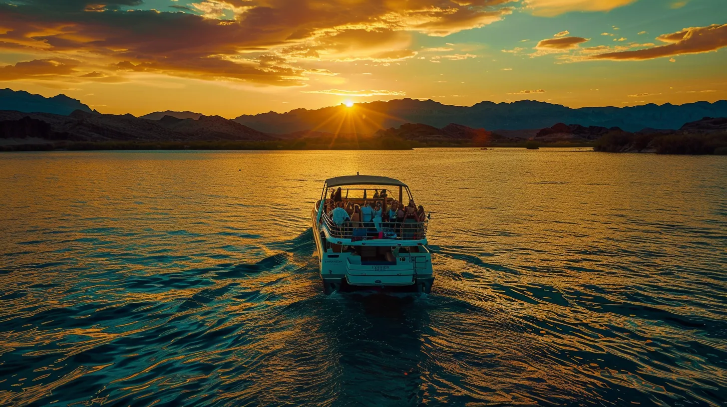 a vibrant sunset casts a warm glow over a lively bachelorette party aboard a stylish boat, anchored on the shimmering waters of lake pleasant, surrounded by stunning arizona mountains in the background.