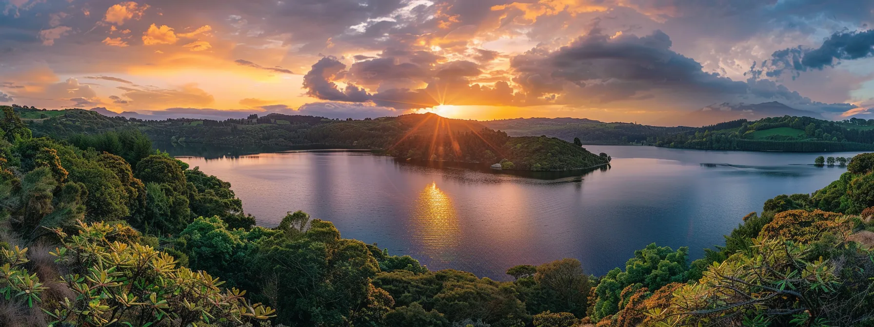 a vibrant sunset casts a warm golden hue over a tranquil lake, reflecting the brilliant colors of the sky and surrounding lush greenery.