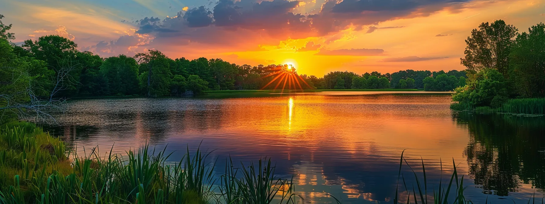 a vibrant sunset casts a warm glow over a serene lake, reflecting the dazzling colors of the sky and surrounded by lush greenery, evoking a sense of peace and tranquility.