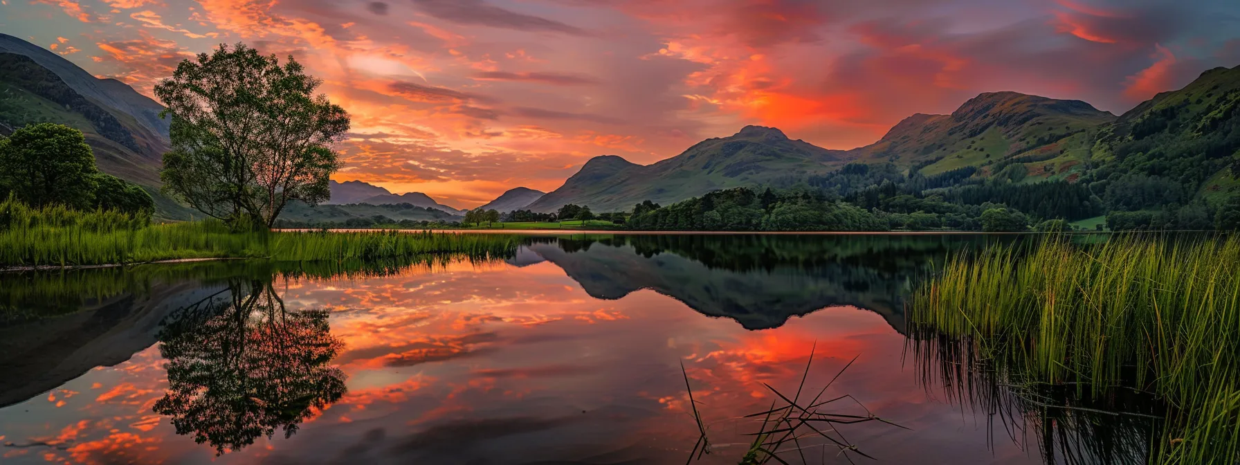 a vibrant sunset casts a warm glow over a tranquil lake, reflecting the vivid hues of orange and pink in the sky and creating a serene atmosphere.
