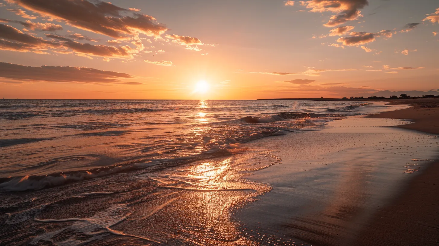 a vibrant sunset casts a warm, golden hue over a tranquil beach, where gentle waves lap against the shore, creating a serene and picturesque atmosphere.