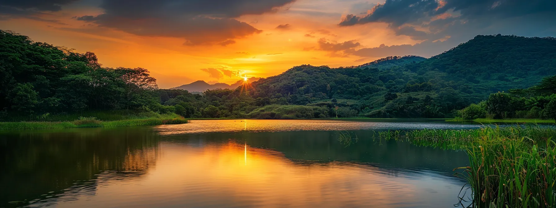 a vibrant sunset casts a golden glow over a serene mountain landscape, reflecting in a tranquil lake surrounded by lush greenery.