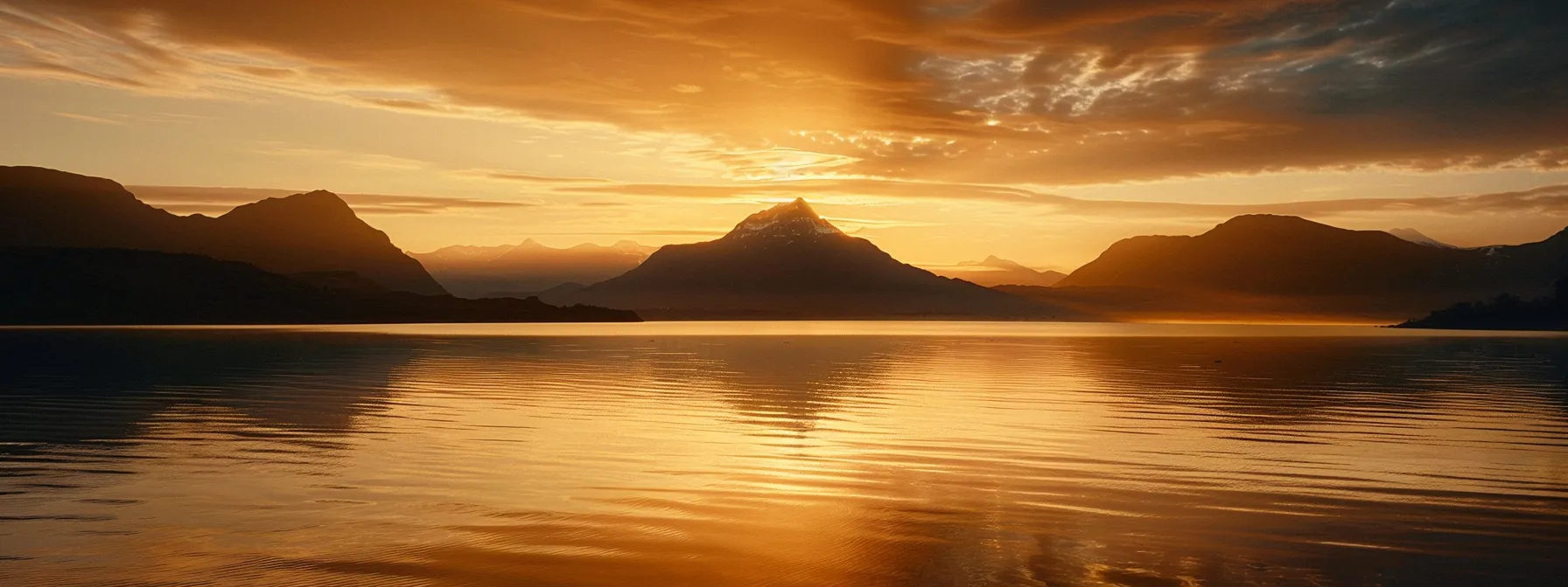 a vibrant sunset casts a warm golden hue over a tranquil lake, reflecting the silhouette of a lone majestic mountain in the background, creating a serene and captivating atmosphere.