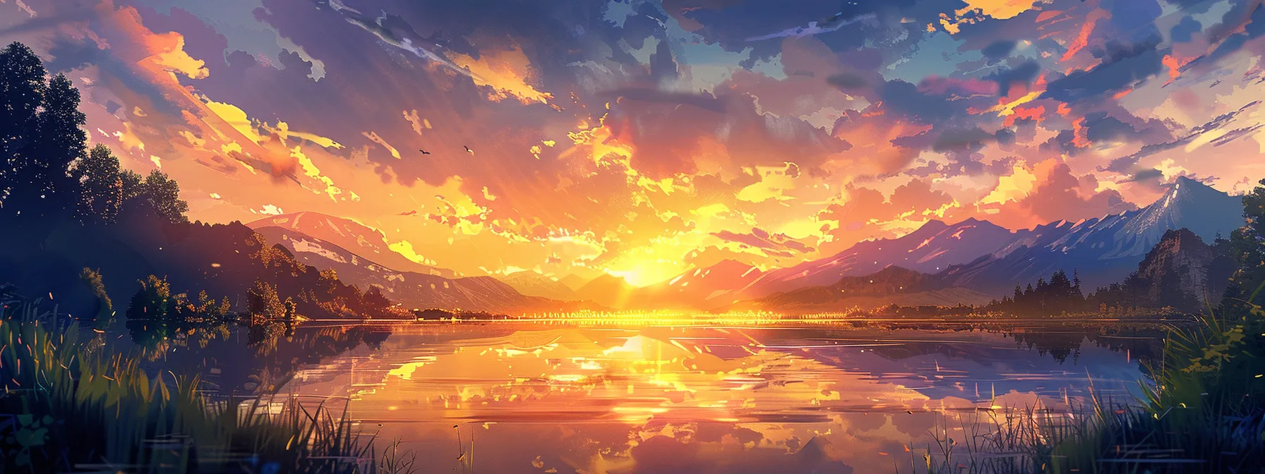 a vibrant sunset casts golden hues over a tranquil lake, where the surrounding mountains reflect perfectly in the glassy water, creating a serene and harmonious landscape. a vibrant sunset casts golden hues over a tranquil lake, where the surrounding mountains reflect perfectly in the glassy water, creating a serene and harmonious landscape.