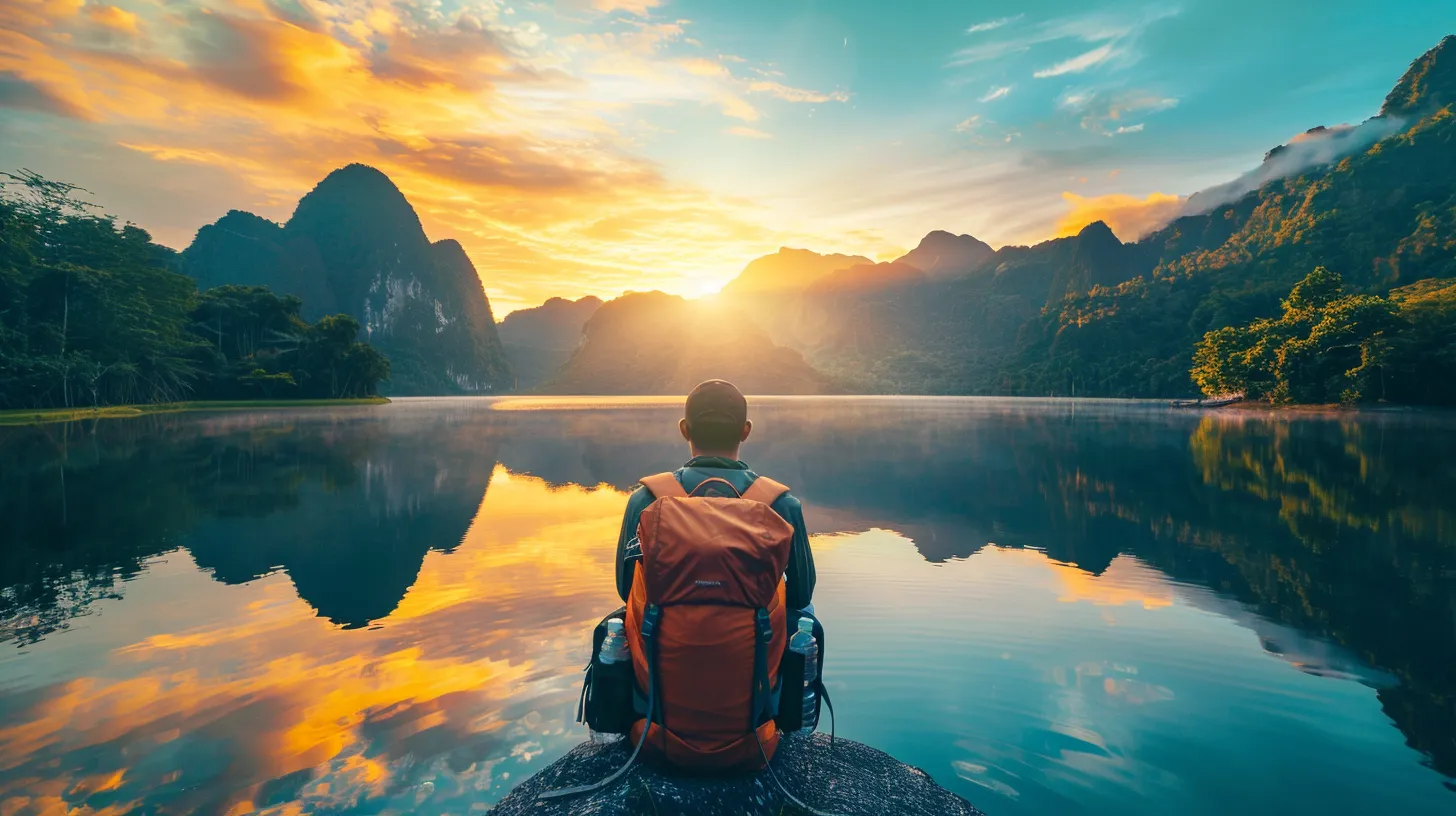 a vibrant sunset casts golden hues over a serene lake, reflecting the surrounding lush mountains and creating a tranquil atmosphere.
