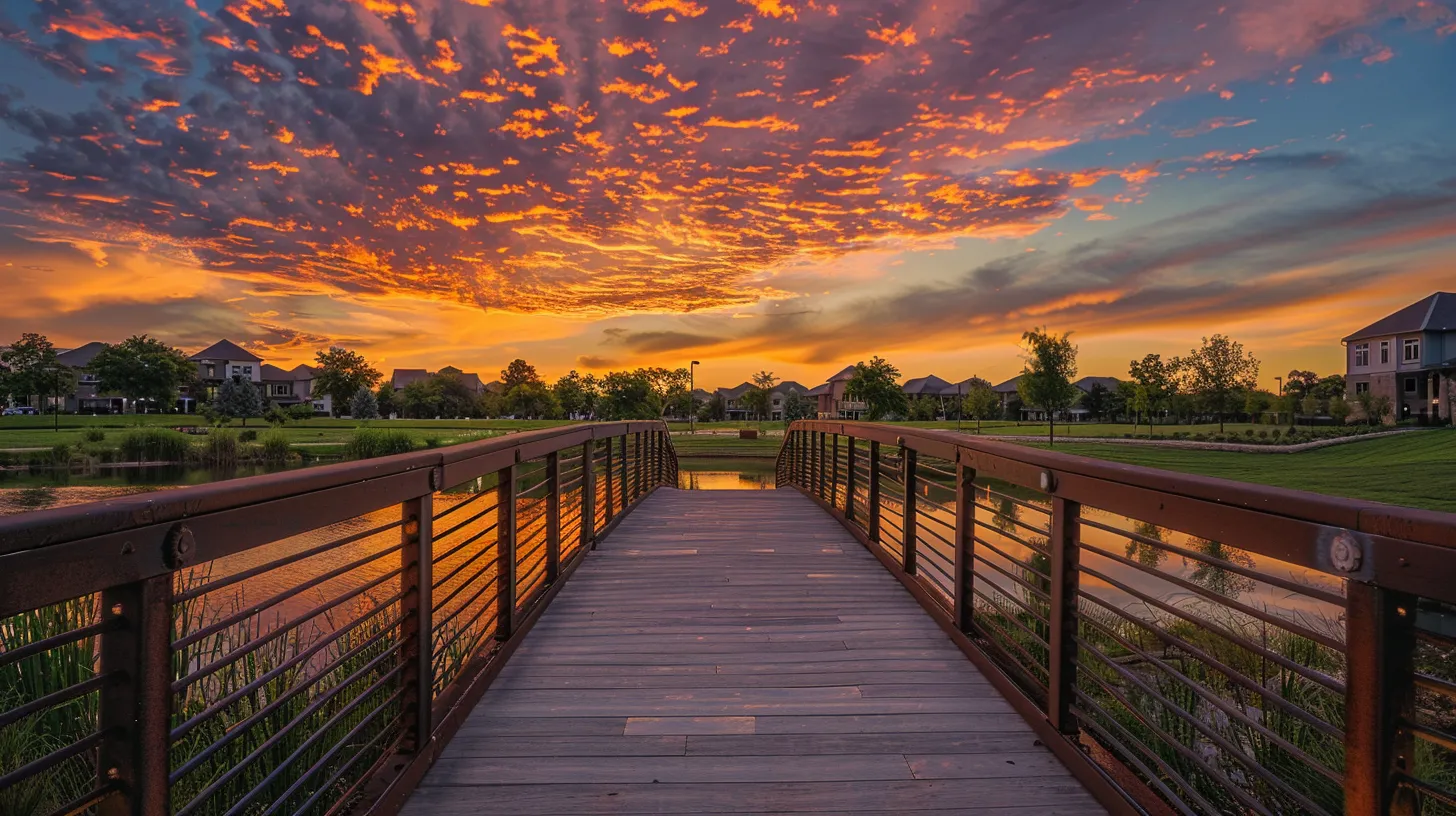 a vibrant sunset casts warm hues over a picturesque bridge leading into the bridgeland community, showcasing modern homes amidst lush green parks and sparkling lakes, inviting prospective buyers to explore their dream living space. a vibrant sunset casts warm hues over a picturesque bridge leading into the bridgeland community, showcasing modern homes amidst lush green parks and sparkling lakes, inviting prospective buyers to explore their dream living space.