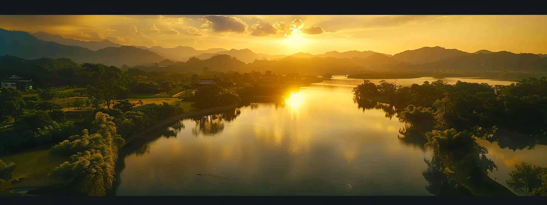 a vibrant sunset casts warm golden rays over a tranquil lake, surrounded by majestic mountains and lush greenery, reflecting a serene and breathtaking tableau.