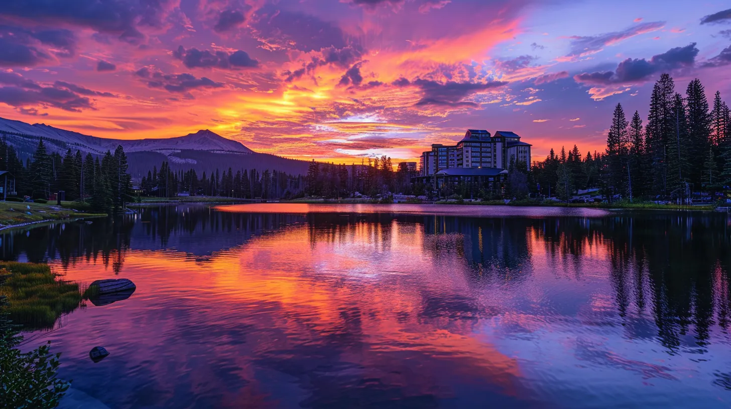 a vibrant sunset paints the sky in hues of orange and purple as a serene lake mirrors the colorful spectacle, creating a tranquil and breathtaking landscape.