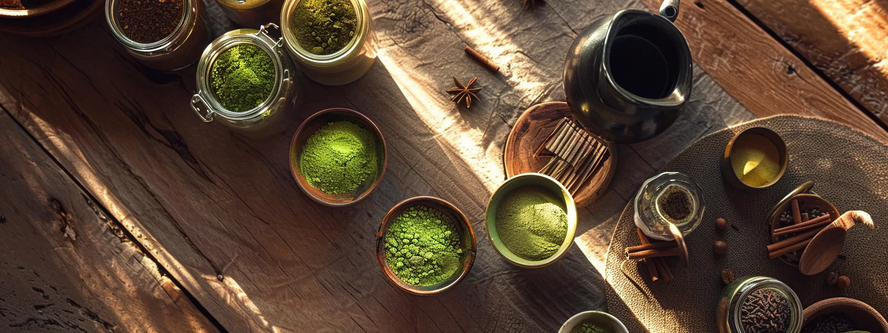 a vibrant tabletop filled with rich, earthy chicory root, aromatic yerba mate, and bright green matcha powder, accented by jars of cinnamon and black pepper, all bathed in warm, inviting light to evoke a sense of rejuvenation and alternative coffee exploration.