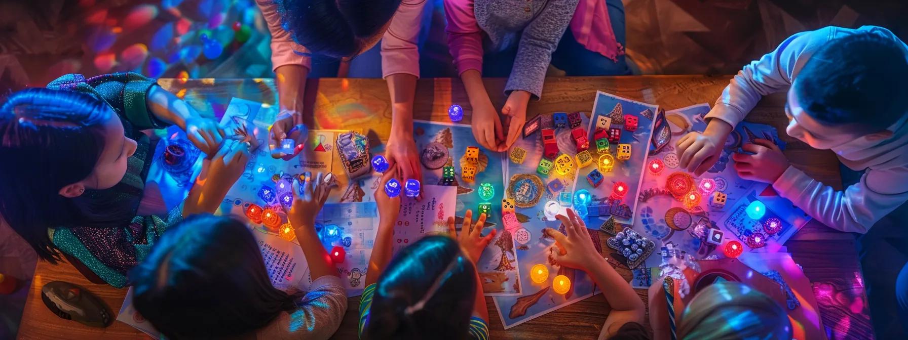a vibrant tabletop scene captures a group of children engaging enthusiastically around a dungeons & dragons game, surrounded by colorful character sheets, dice, and imaginative miniatures, highlighting their collaborative storytelling and strategic thinking amidst an atmosphere of excitement and creativity. a vibrant tabletop scene captures a group of children engaging enthusiastically around a dungeons & dragons game, surrounded by colorful character sheets, dice, and imaginative miniatures, highlighting their collaborative storytelling and strategic thinking amidst an atmosphere of excitement and creativity.