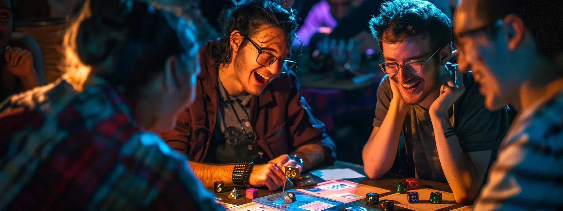 a vibrant tabletop scene featuring players enthusiastically engaged in a dungeons & dragons session, surrounded by colorful character sheets and dice, with exaggerated expressions of laughter and excitement illuminating the dimly lit room. a vibrant tabletop scene featuring players enthusiastically engaged in a dungeons & dragons session, surrounded by colorful character sheets and dice, with exaggerated expressions of laughter and excitement illuminating the dimly lit room.