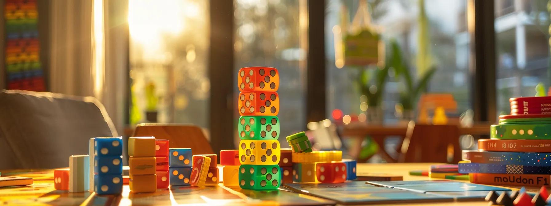 a vibrant tabletop scene showcases a sleek, modern dice rolling tower at the center, surrounded by diverse board games and colorful game pieces, set against a stylish urban apartment backdrop, emphasizing a lively game night atmosphere. a vibrant tabletop scene showcases a sleek, modern dice rolling tower at the center, surrounded by diverse board games and colorful game pieces, set against a stylish urban apartment backdrop, emphasizing a lively game night atmosphere.