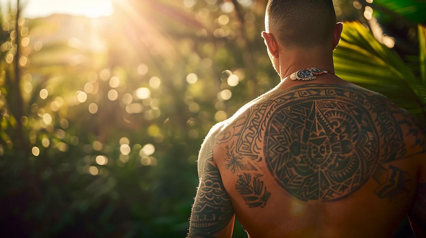 a vibrant tattoo adorned with elements of american traditional and hawaiian culture captures the essence of storytelling against a backdrop of the lush, sun-soaked hawaiian landscape during spring break.