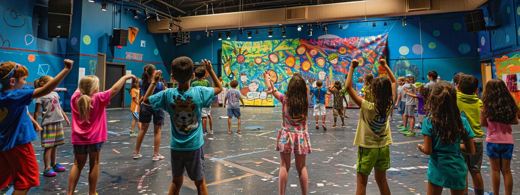 a vibrant theatre camp scene captures children enthusiastically engaged in a lively improv workshop, surrounded by colorful stage props and artistic murals in a bustling community center, showcasing their creativity and social interaction. a vibrant theatre camp scene captures children enthusiastically engaged in a lively improv workshop, surrounded by colorful stage props and artistic murals in a bustling community center, showcasing their creativity and social interaction.