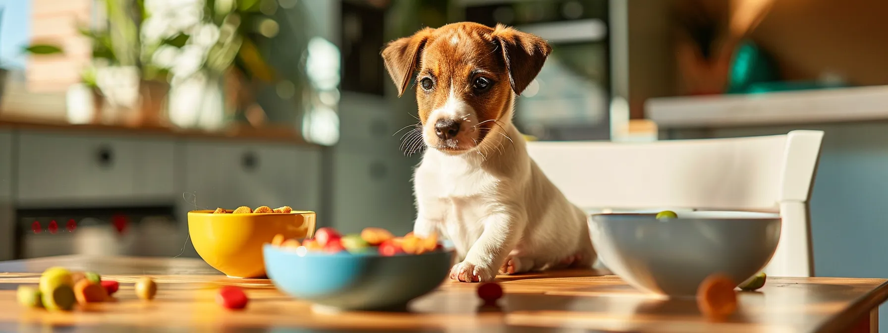 a vibrant training session in a modern indoor space features a focused puppy eagerly responding to its trainer's engaging cues, surrounded by an assortment of colorful high-value treats elegantly displayed on a polished wooden table.