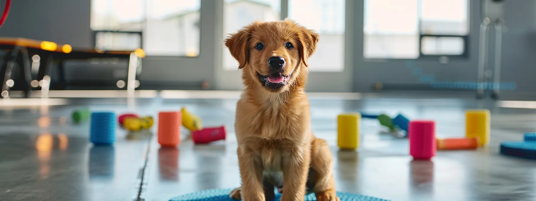 a vibrant training session unfolds in a modern indoor training facility, featuring an enthusiastic puppy responding to its trainer's encouragement, surrounded by colorful, varied treat options that symbolize the transition in training techniques as the dog matures.