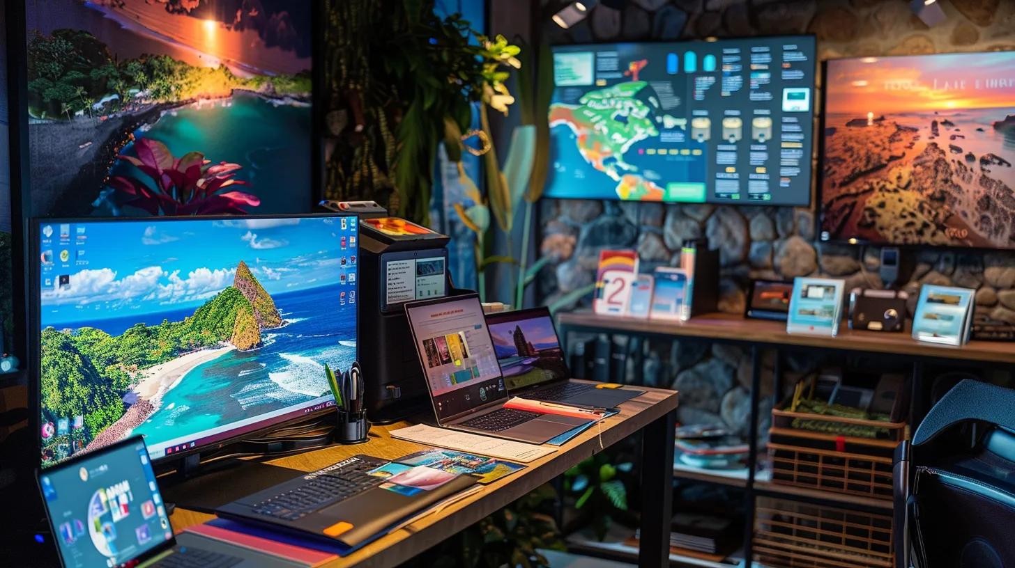 a vibrant travel planning session in a modern office, featuring a large interactive map of costa rica with highlighted beach cities, a sleek laptop displaying itinerary tools, and colorful brochures showcasing surfing and snorkeling activities, all under bright, focused lighting.