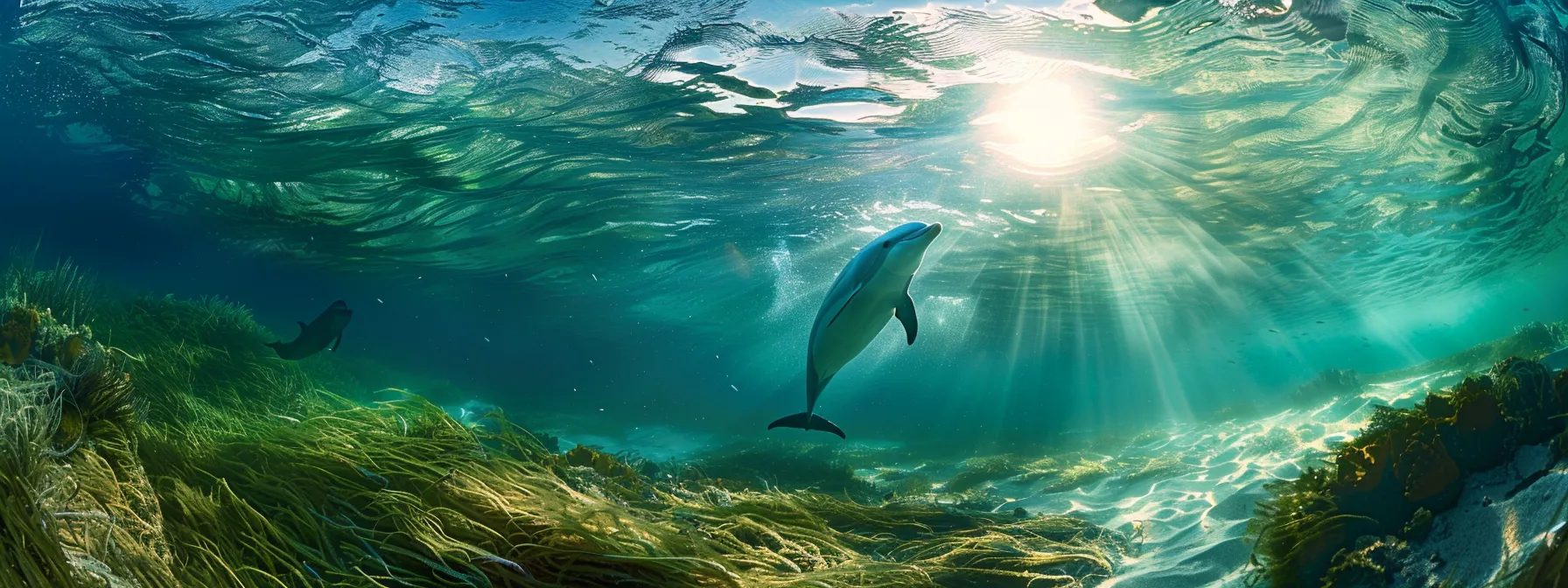 a vibrant underwater scene captures sleek dolphins gracefully gliding through crystal-clear waters, surrounded by shimmering sunlight filtering from above, showcasing their playful spirit in the warm embrace of florida's coastal ocean.
