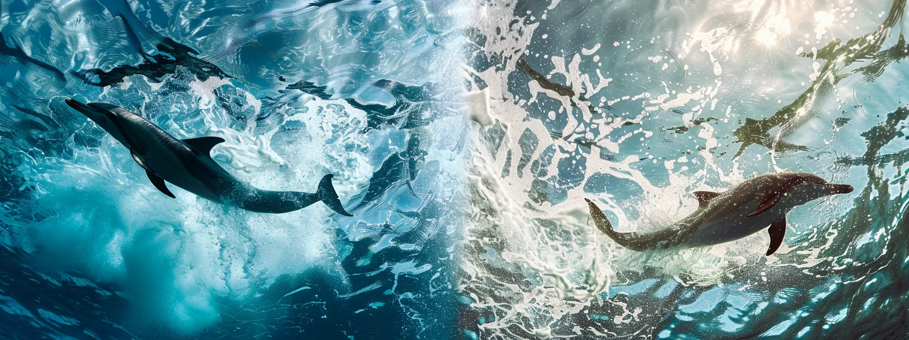 a vibrant underwater scene captures playful dolphins gracefully leaping through the crystal-clear waters off the coast of florida, surrounded by shimmering sunlight filtering through the waves.