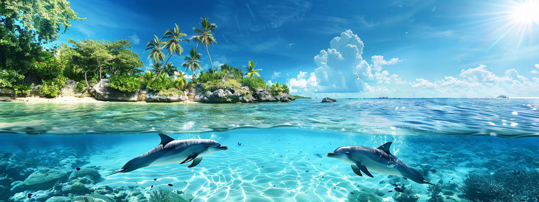 a vibrant underwater scene captures playful dolphins gracefully leaping through crystal-clear turquoise waters, radiating joy and freedom under the shimmering sunlight.