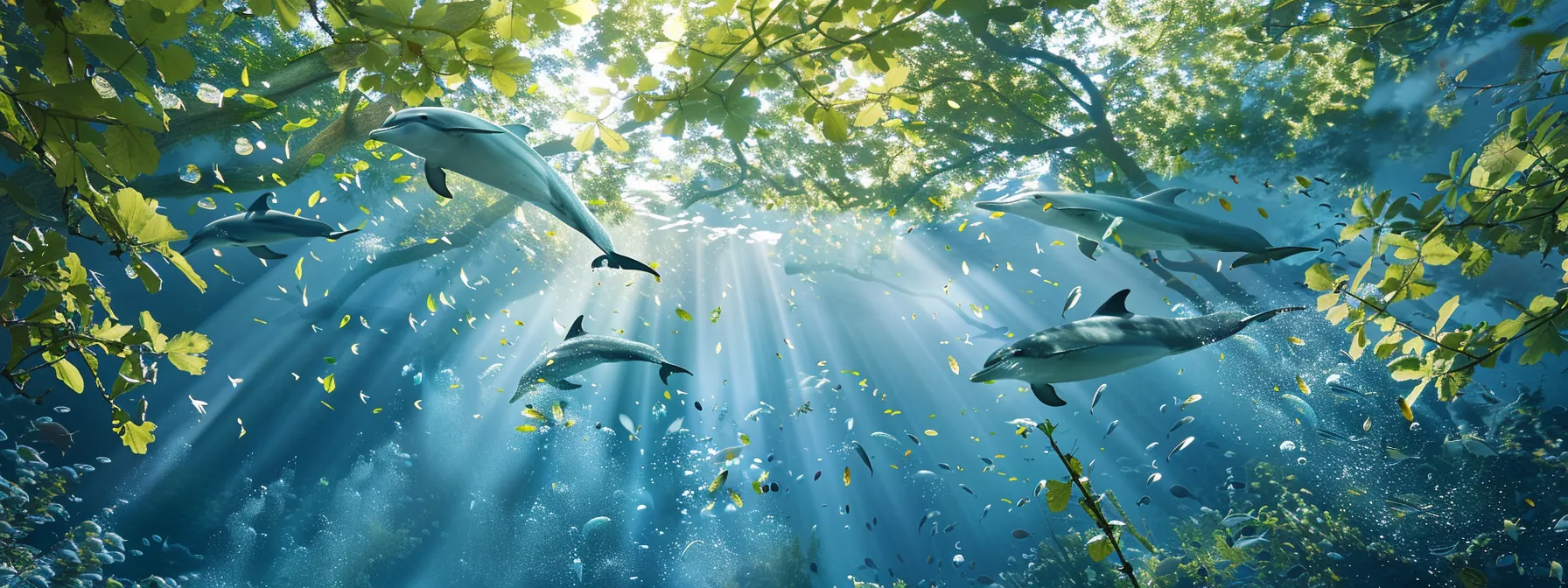 a vibrant underwater scene captures a playful group of dolphins leaping joyfully through crystalline blue waters, their sleek bodies glistening under shimmering sunlight.