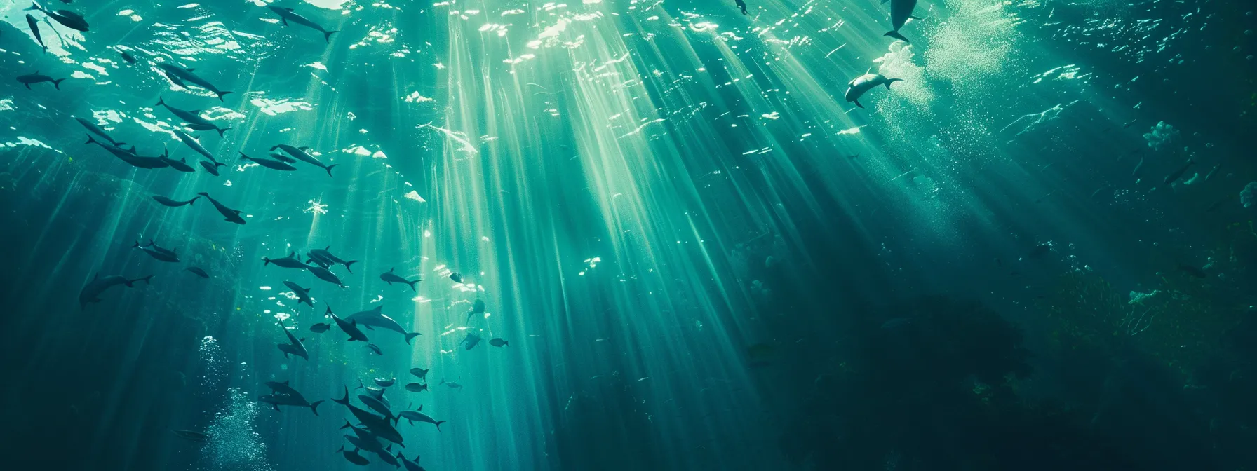 a vibrant underwater scene captures a playful pod of dolphins swimming gracefully through crystal-clear azure waters, their sleek bodies shimmering in the dappled sunlight filtering from above.
