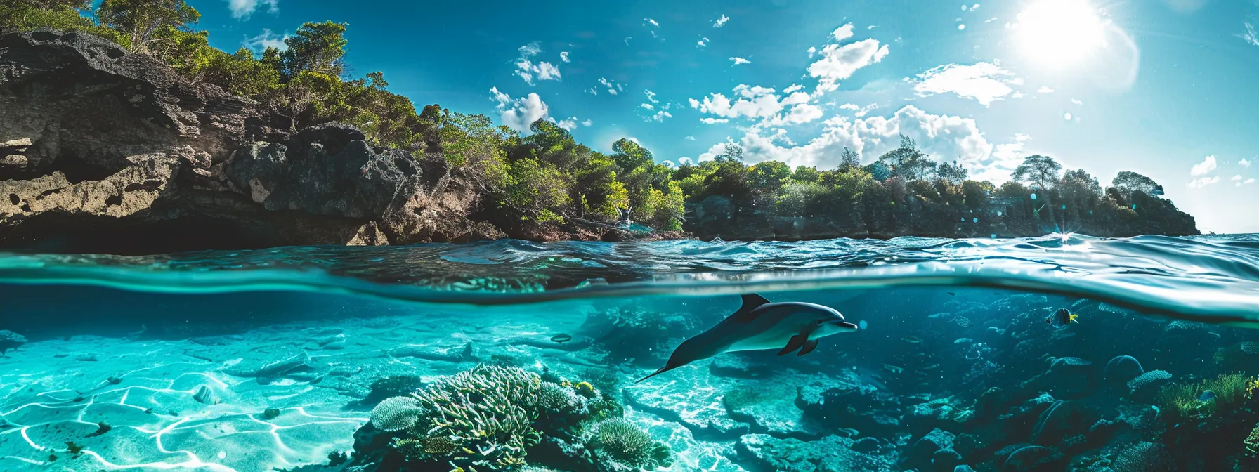 a vibrant underwater scene captures playful dolphins leaping joyfully through crystal-clear turquoise waters, their sleek bodies glistening under the sunlight filtering from above.