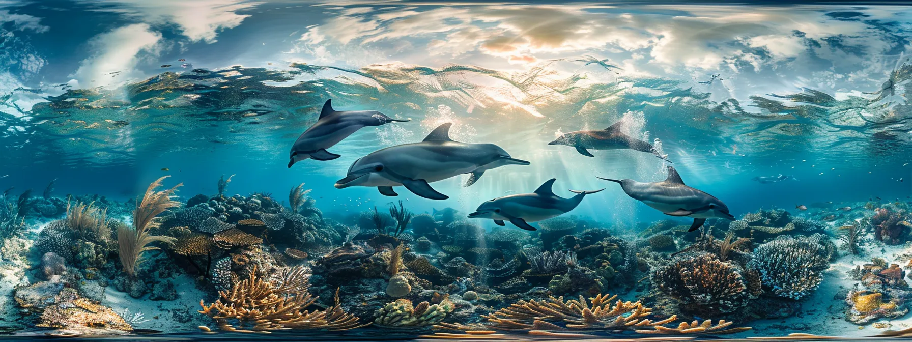 a vibrant underwater scene captures playful dolphins gracefully leaping through the crystal-clear waters off the coast of florida, surrounded by shimmering sunlight that filters through the surface.