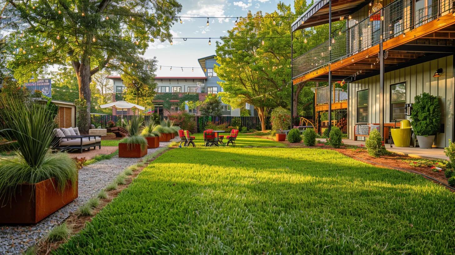 a vibrant urban backyard in chattanooga showcases a meticulously maintained lawn featuring resilient fescue and zoysia grasses, with a stylish drip irrigation system and decorative compost bins highlighting sustainable lawn care practices. a vibrant urban backyard in chattanooga showcases a meticulously maintained lawn featuring resilient fescue and zoysia grasses, with a stylish drip irrigation system and decorative compost bins highlighting sustainable lawn care practices.