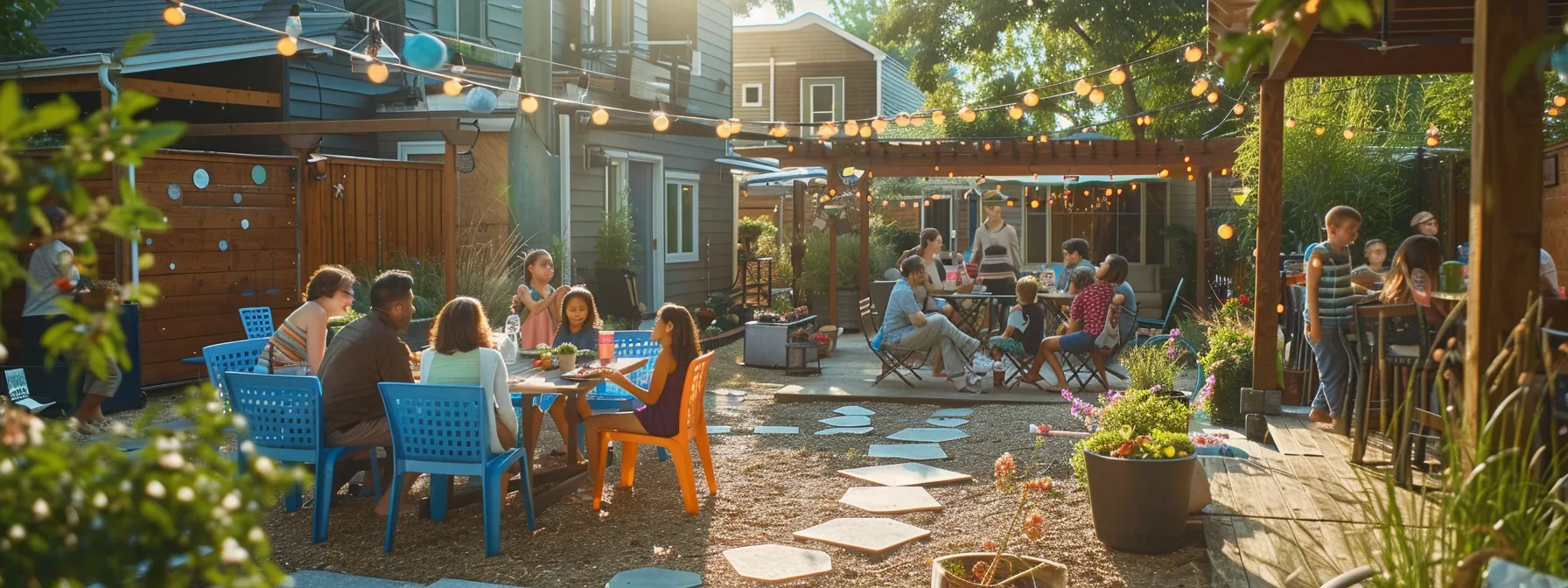 a vibrant urban backyard scene filled with families enjoying a sunny summer day, free of mosquitoes, showcasing outdoor gatherings with children playing and adults socializing, all reflecting the successful pest control efforts of pro mosquito solutions.
