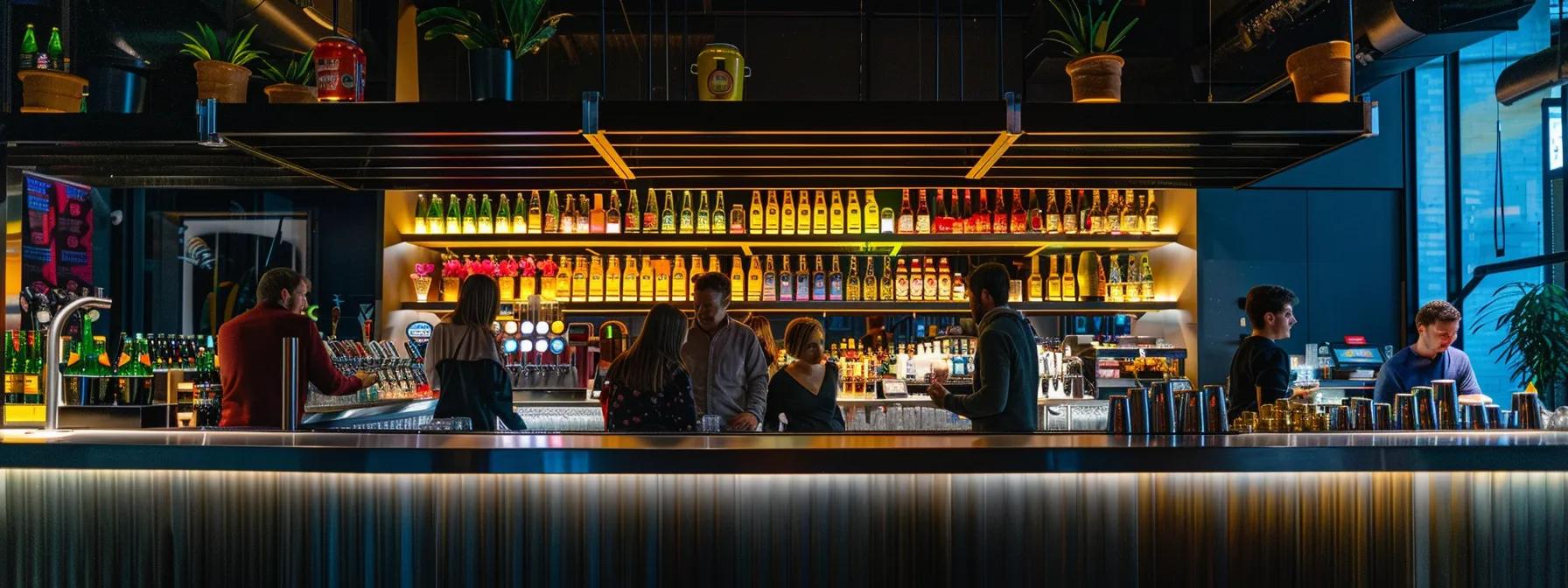 a vibrant urban bar ambiance showcases sleek thc beverage cans elegantly lined on a polished countertop, with diverse, lively patrons enjoying their social hour, illuminated by warm, inviting lighting that enhances the modern, health-conscious vibe. a vibrant urban bar ambiance showcases sleek thc beverage cans elegantly lined on a polished countertop, with diverse, lively patrons enjoying their social hour, illuminated by warm, inviting lighting that enhances the modern, health-conscious vibe.
