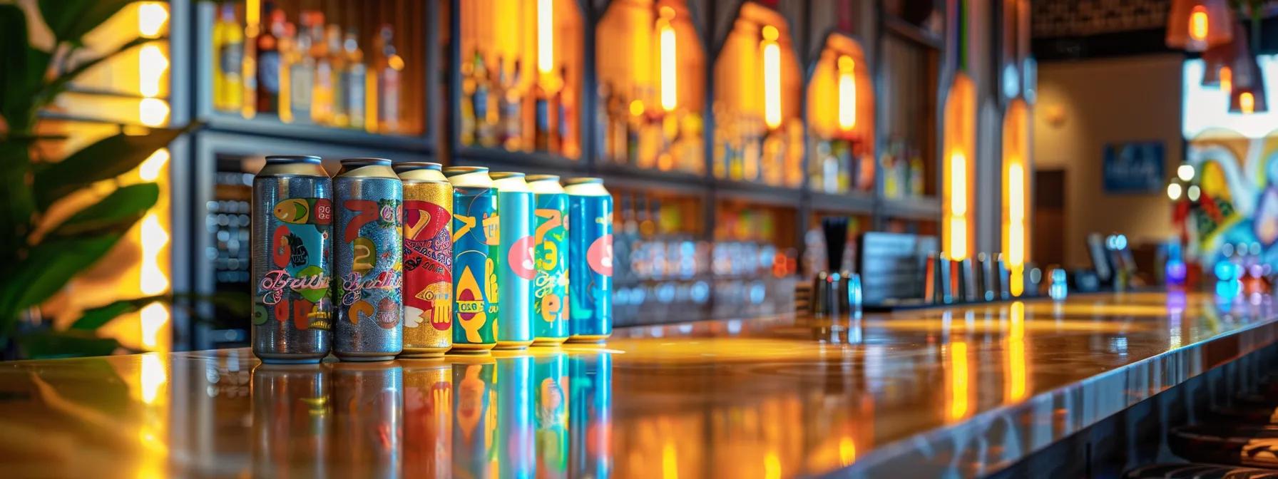 a vibrant urban bar scene showcases an array of colorful delta-9 seltzer cans elegantly displayed on a sleek countertop, surrounded by carefully curated food pairings and dim ambient lighting that enhances the rich flavors and thc experience. a vibrant urban bar scene showcases an array of colorful delta-9 seltzer cans elegantly displayed on a sleek countertop, surrounded by carefully curated food pairings and dim ambient lighting that enhances the rich flavors and thc experience.