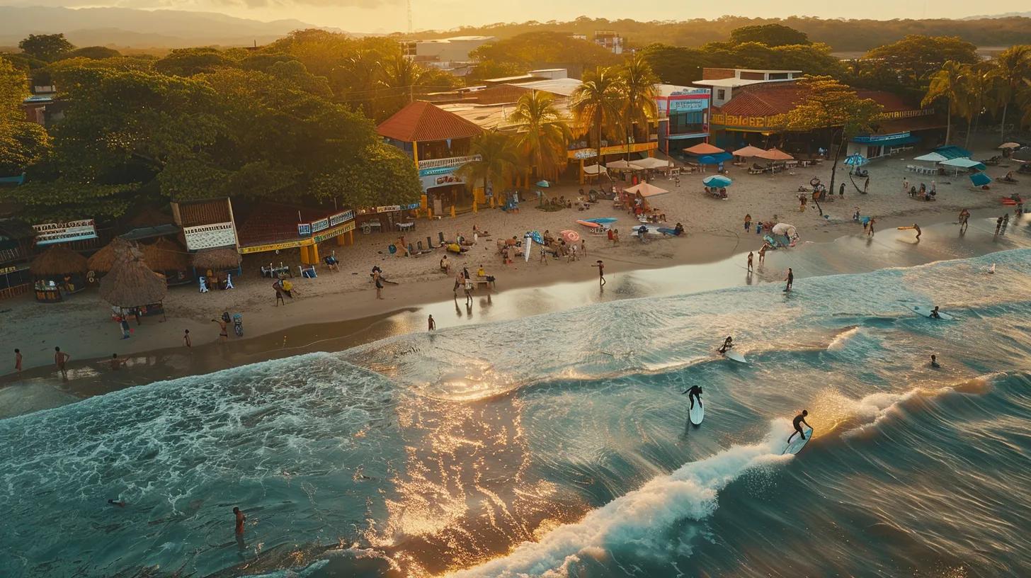 a vibrant urban beach scene in tamarindo captures surfers riding waves under the bright sun, with colorful surf schools and fishing charters lining the bustling shoreline, embodying the lively spirit of adventure and ocean sports.