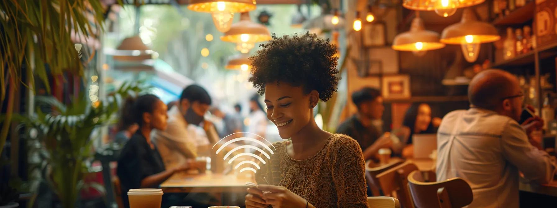 a vibrant urban café setting bustling with mobile professionals seamlessly connecting to wi-fi through passpoint technology, highlighting their ease of use and uninterrupted access in a modern, high-tech environment. a vibrant urban café setting bustling with mobile professionals seamlessly connecting to wi-fi through passpoint technology, highlighting their ease of use and uninterrupted access in a modern, high-tech environment.