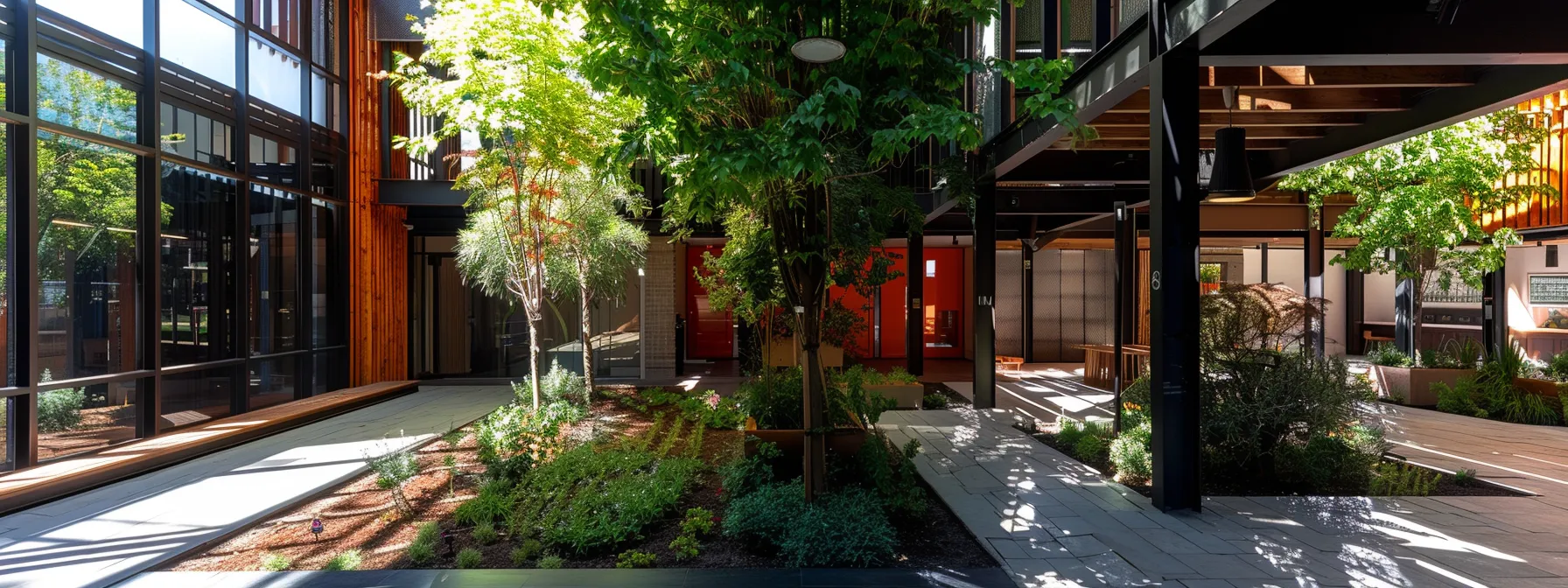 a vibrant urban courtyard showcasing a variety of uniquely thriving trees, meticulously arranged amidst modern architecture, emphasizing kuna's distinct climate influences. a vibrant urban courtyard showcasing a variety of uniquely thriving trees, meticulously arranged amidst modern architecture, emphasizing kuna's distinct climate influences.