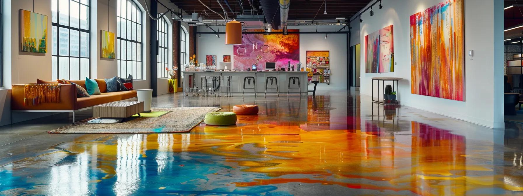 a vibrant urban design studio showcases a polished concrete floor featuring a dynamic blend of acid stains and bold water-based dyes, exemplifying innovative coloring techniques against a backdrop of modern decor and design tools.