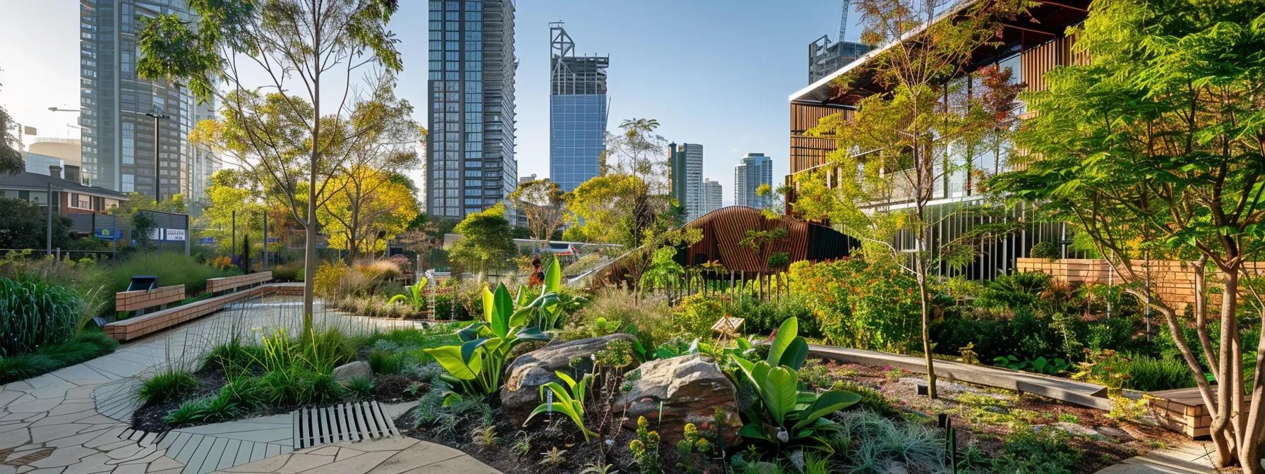 a vibrant urban garden flourishing with locally sourced native trees, showcasing a diverse community engaged in planting and caring for their environmentally sustainable landscape, highlighted by a backdrop of modern city architecture. a vibrant urban garden flourishing with locally sourced native trees, showcasing a diverse community engaged in planting and caring for their environmentally sustainable landscape, highlighted by a backdrop of modern city architecture.