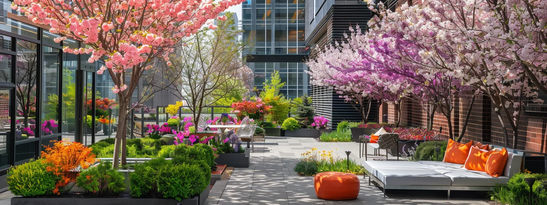 a vibrant urban garden patio showcases a stunning arrangement of flowering ornamental trees in full bloom, featuring striking crabapple and serviceberry varieties, set against a sleek modern backdrop of a contemporary cityscape. a vibrant urban garden patio showcases a stunning arrangement of flowering ornamental trees in full bloom, featuring striking crabapple and serviceberry varieties, set against a sleek modern backdrop of a contemporary cityscape.