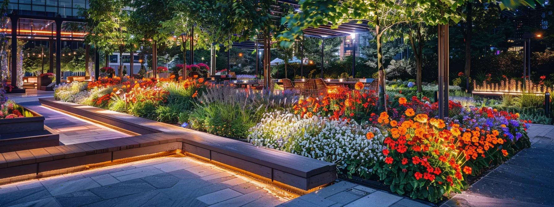 a vibrant urban garden transformed with expertly arranged flower beds and decorative features, showcasing the professional expertise of local landscaping services in a well-designed outdoor space. a vibrant urban garden transformed with expertly arranged flower beds and decorative features, showcasing the professional expertise of local landscaping services in a well-designed outdoor space.