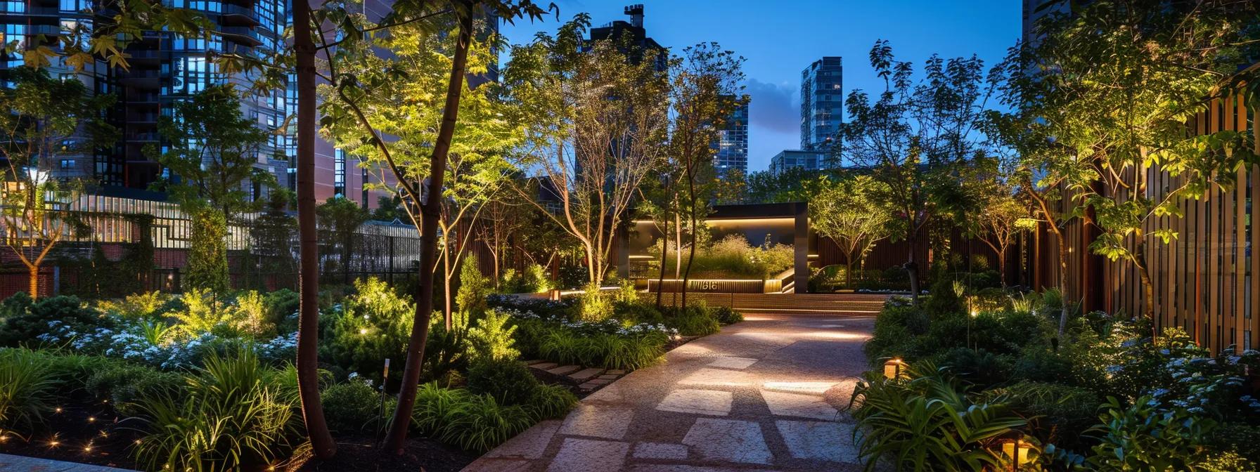 a vibrant urban landscape showcases the transformation of a chic courtyard, featuring an array of lush, meticulously arranged trees sourced from local farms, illuminated by sleek modern lighting against the backdrop of a contemporary city skyline. a vibrant urban landscape showcases the transformation of a chic courtyard, featuring an array of lush, meticulously arranged trees sourced from local farms, illuminated by sleek modern lighting against the backdrop of a contemporary city skyline.