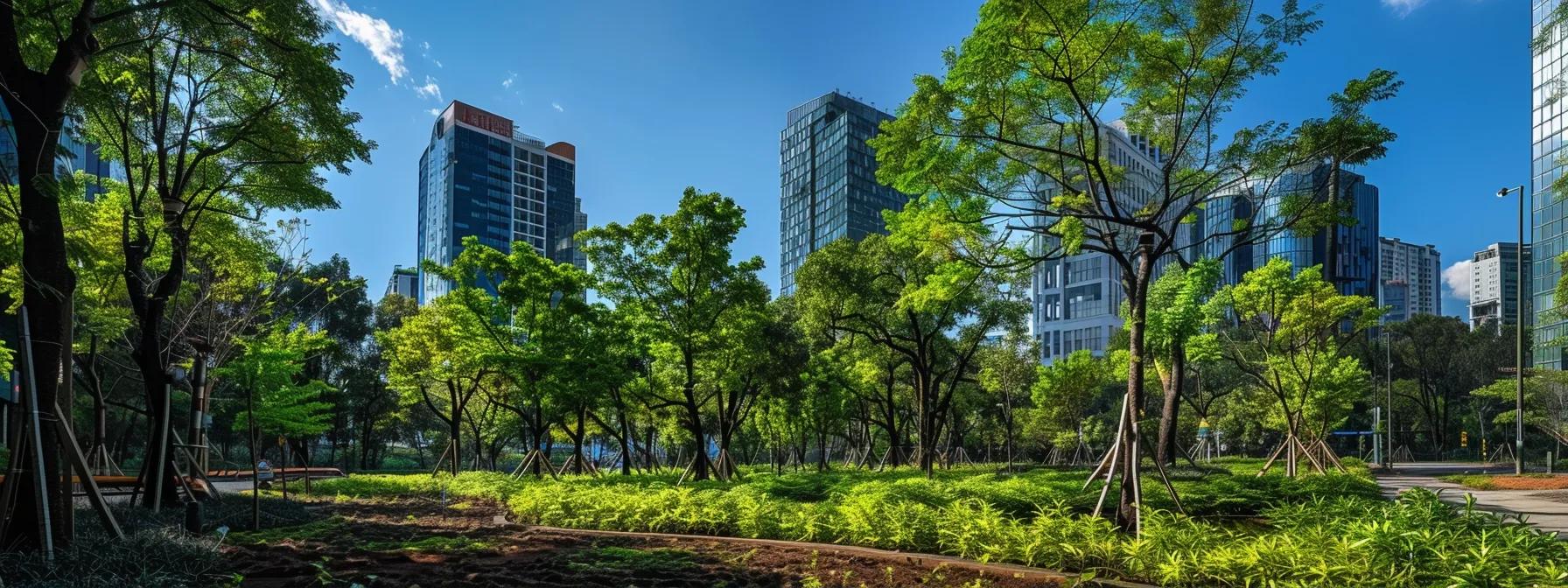 a vibrant urban landscape showcases newly planted trees thriving in rich, dark soil enhanced by organic matter, with a backdrop of modern buildings reflecting successful urban greening efforts. a vibrant urban landscape showcases newly planted trees thriving in rich, dark soil enhanced by organic matter, with a backdrop of modern buildings reflecting successful urban greening efforts.