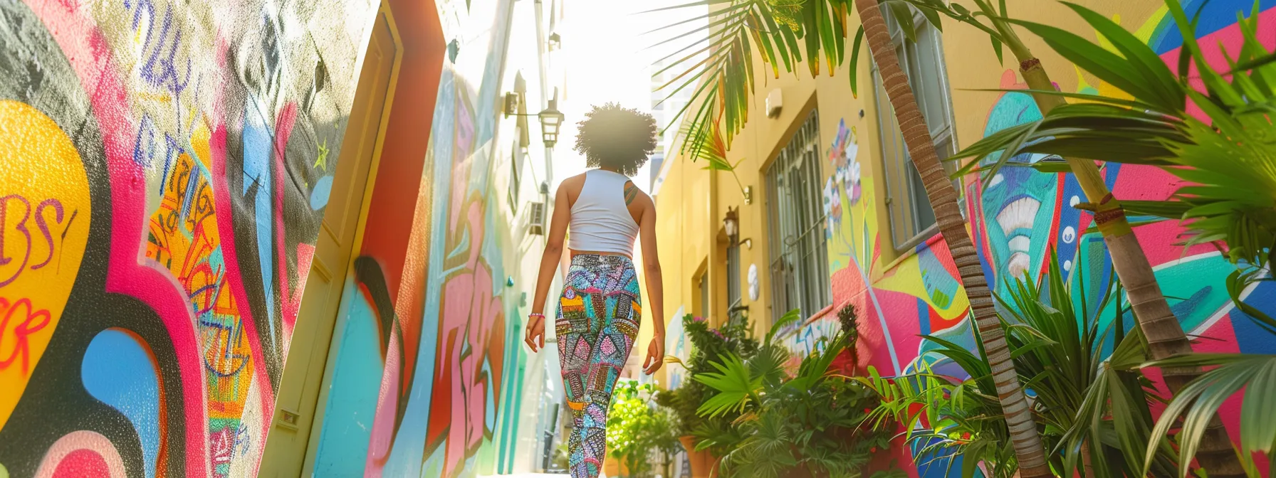 a vibrant urban landscape showcases a confident individual in stylish, patterned leggings, confidently striding down a sunlit street adorned with colorful murals and lush greenery.