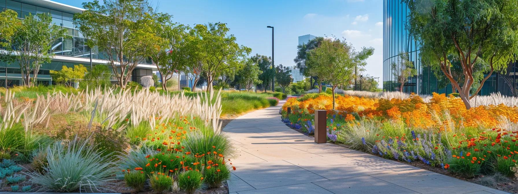a vibrant urban landscape showcases a stylish sustainable garden featuring a variety of drought-tolerant native ornamental grasses and wildflowers artfully arranged in a modern palette, emphasizing innovative landscaping while harmonizing with the nearby sleek office buildings.